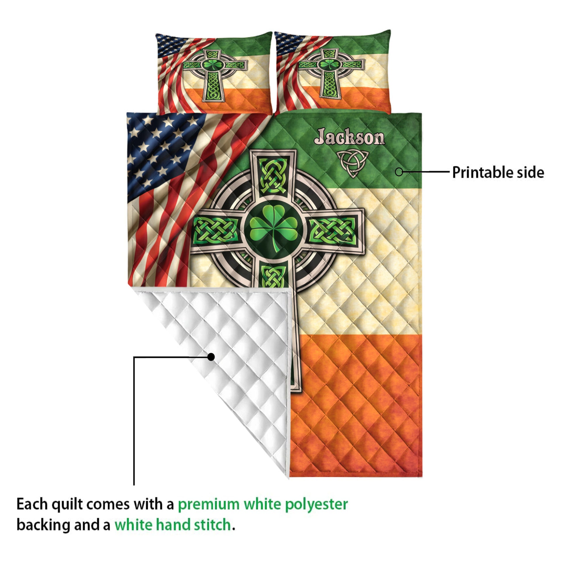 Irish quilt blanket detail showing the printed Celtic cross design and white quilted backing