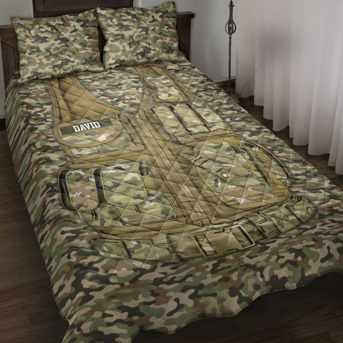 Camouflage veteran quilt blanket bedding set displayed on a bed with tactical vest artwork
