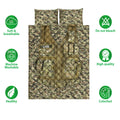 Camouflage quilt bedding set with tactical vest artwork and soft, washable care feature icons