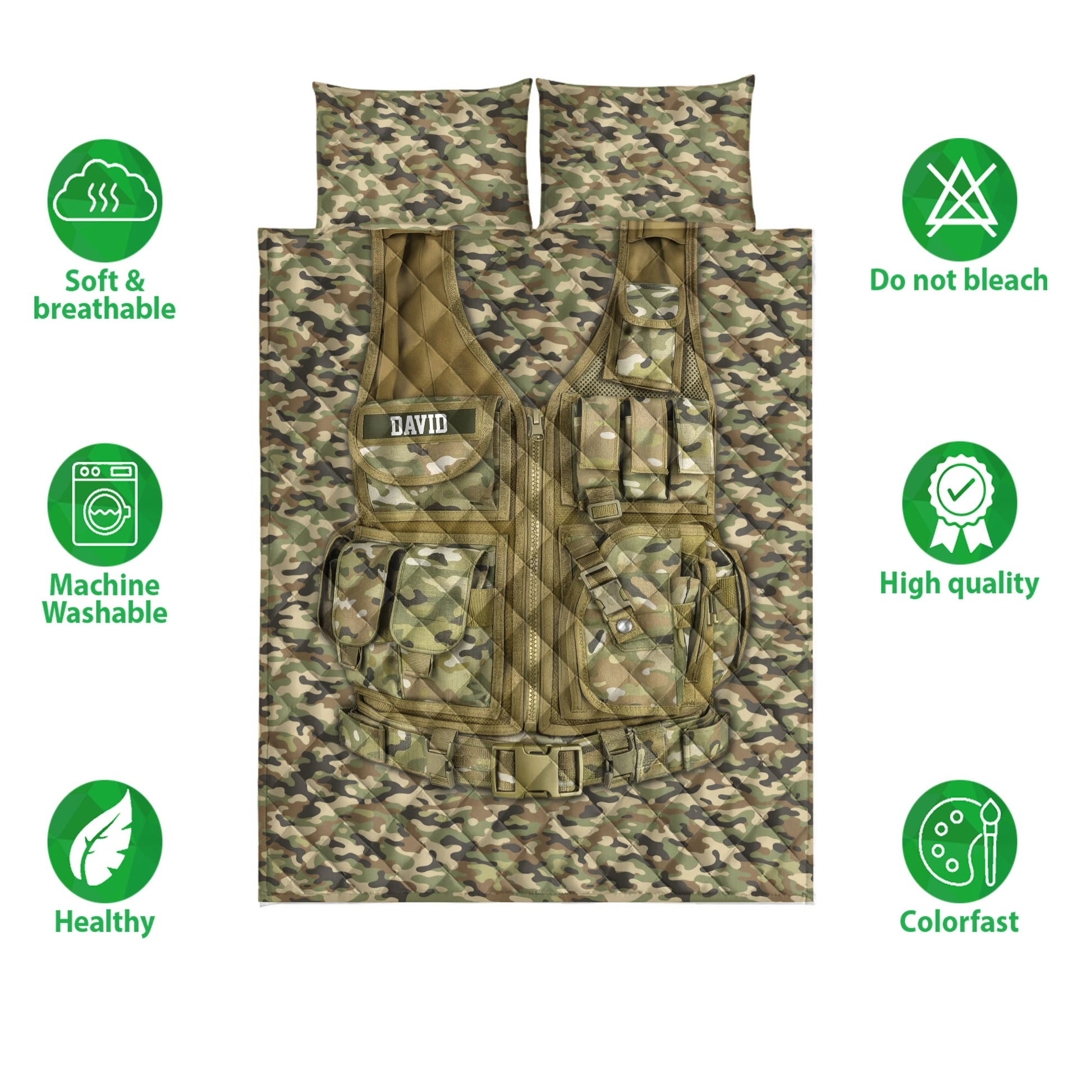 Camouflage quilt bedding set with tactical vest artwork and soft, washable care feature icons