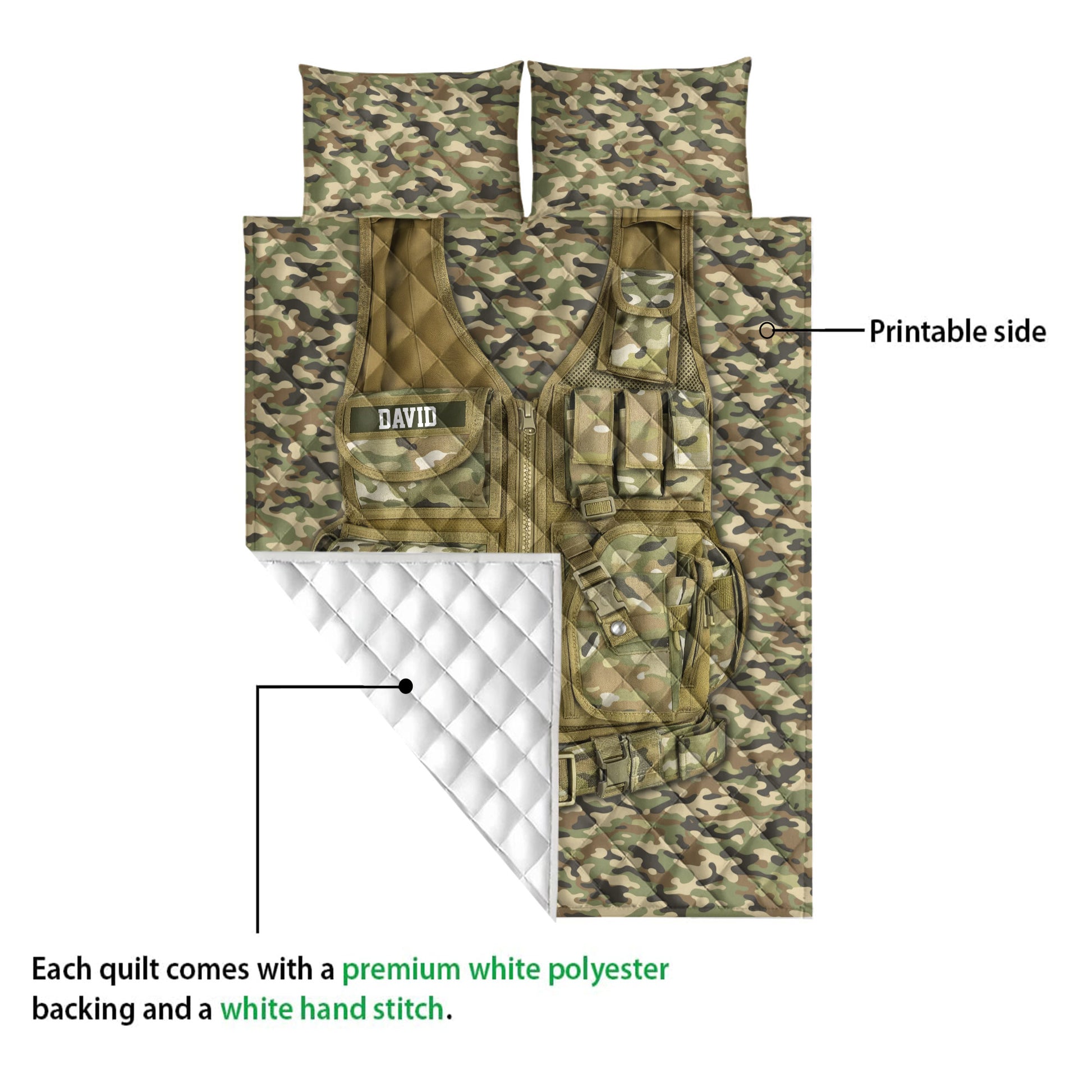 Camouflage veteran quilt showing the printed side and white quilted reverse backing