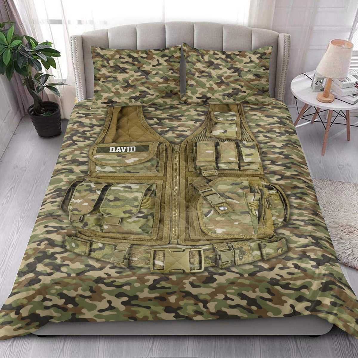 Camouflage military-themed quilt blanket styled across a bedroom with tactical vest artwork