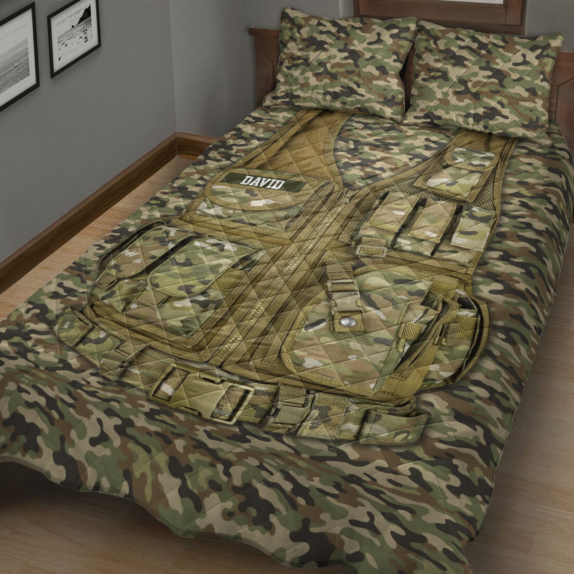 Close bedroom view of camouflage quilt bedding with detailed tactical vest design