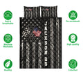 Racing quilt bedding set shown with checkered flags, tire tread graphics, stars, and soft breathable design icons