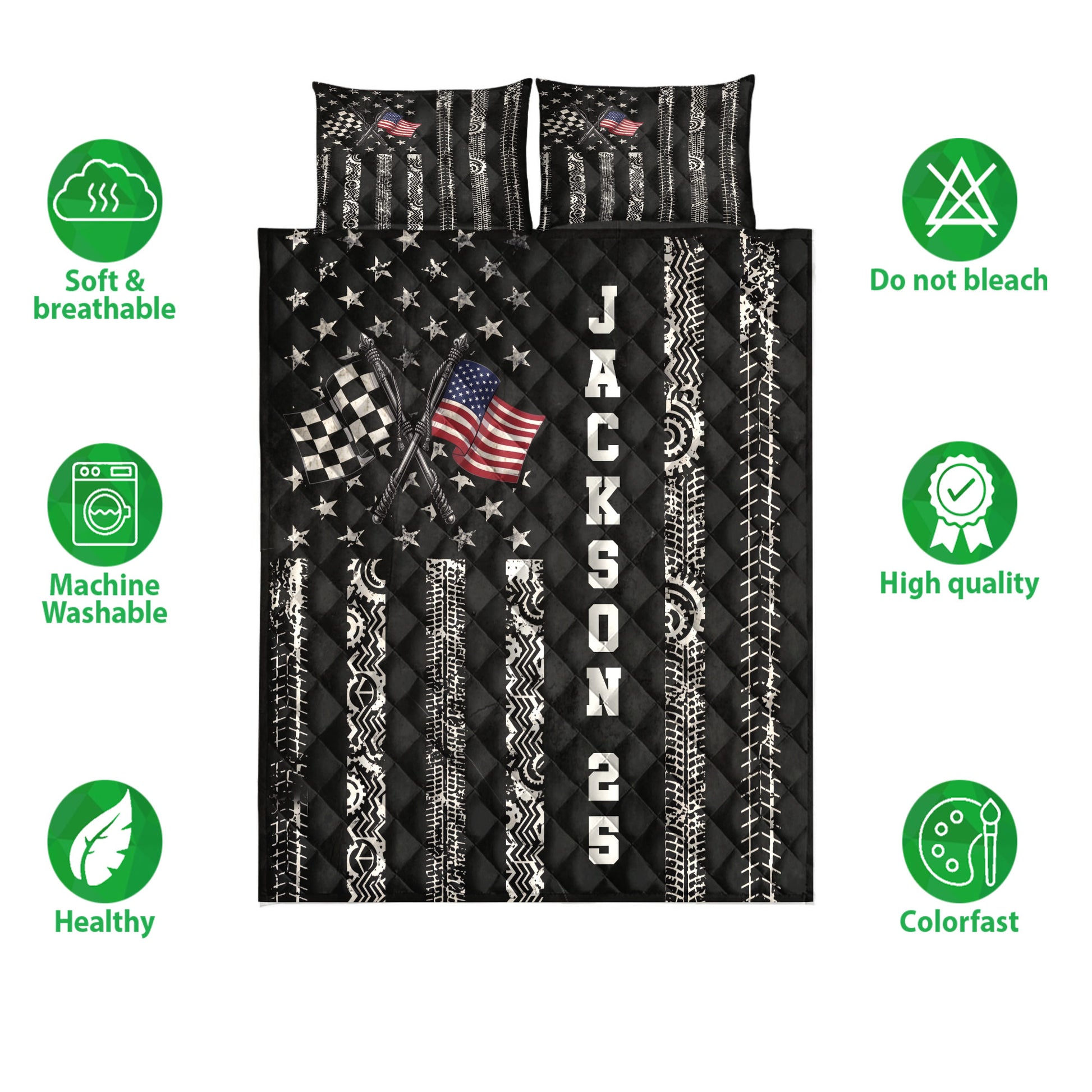 Racing quilt bedding set shown with checkered flags, tire tread graphics, stars, and soft breathable design icons