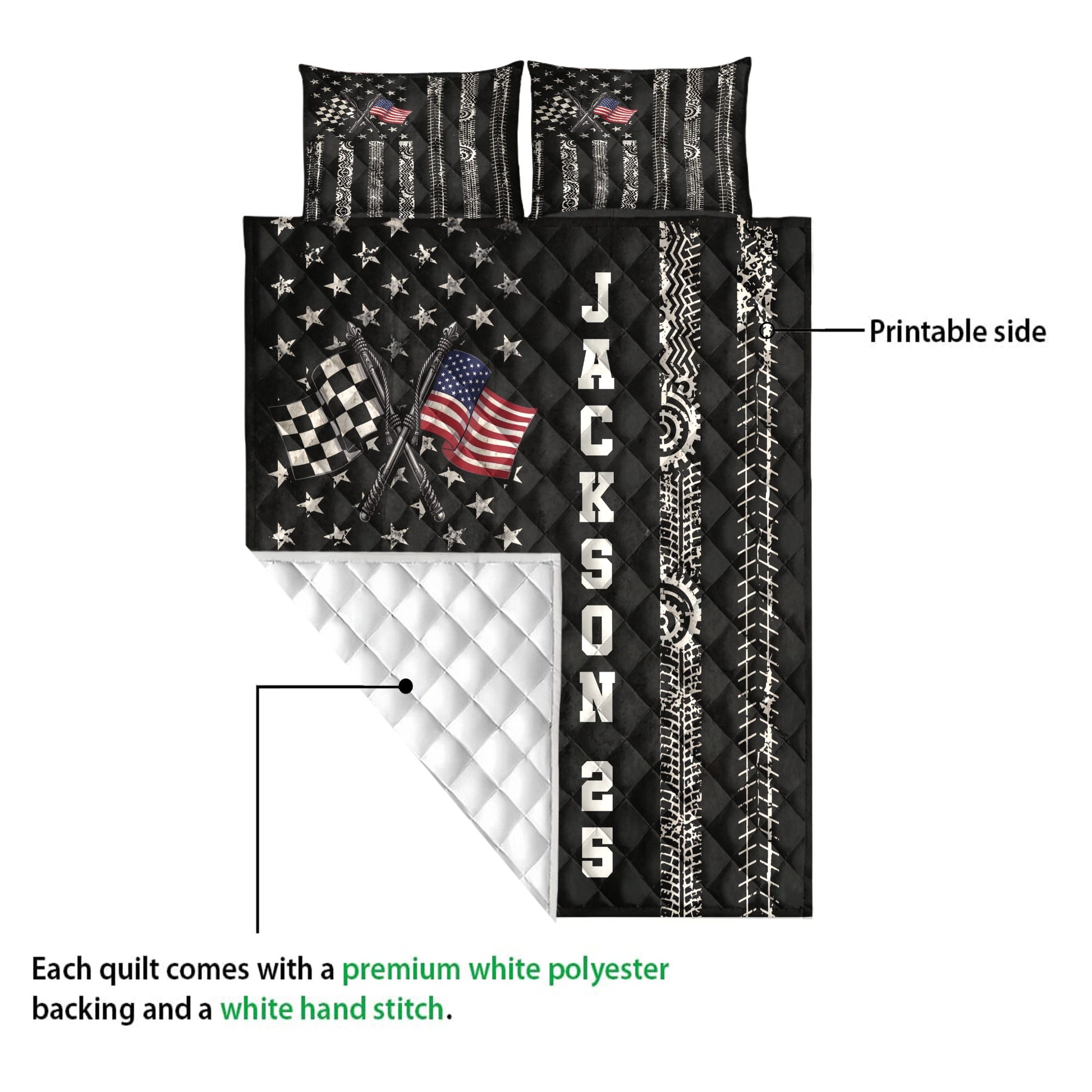Racing quilt blanket close-up showing the printed front, white quilted backing, checkered flags, and tire motifs