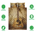 Acoustic guitar quilt bedding set shown with soft breathable, washable, and colorfast feature icons