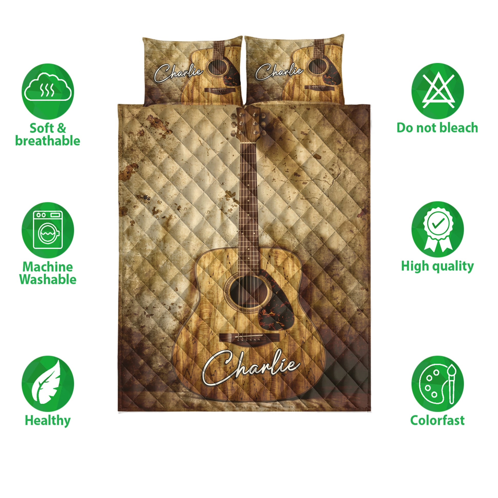 Acoustic guitar quilt bedding set shown with soft breathable, washable, and colorfast feature icons