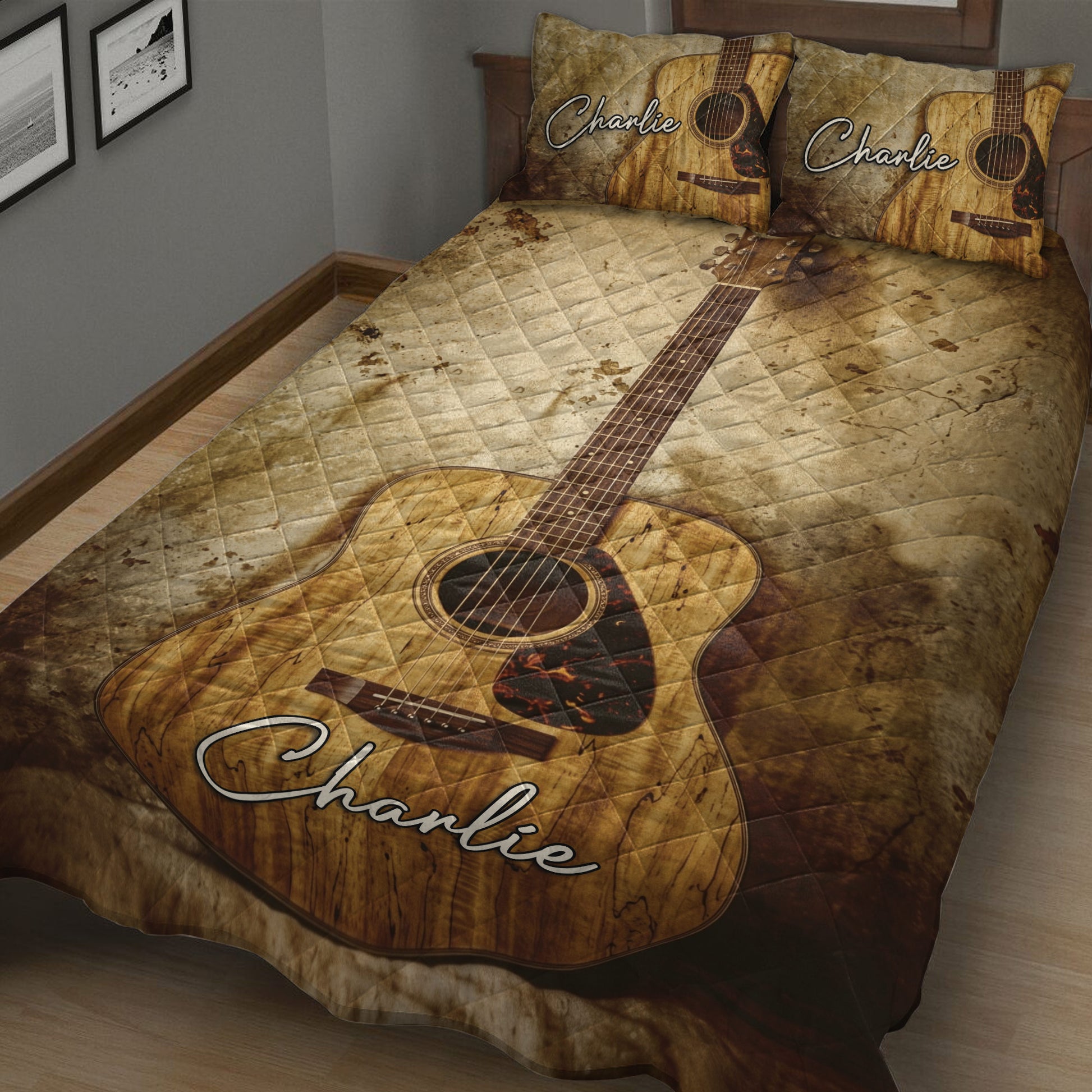 Rustic acoustic guitar quilt blanket shown in a bedroom with vintage wood-inspired artwork