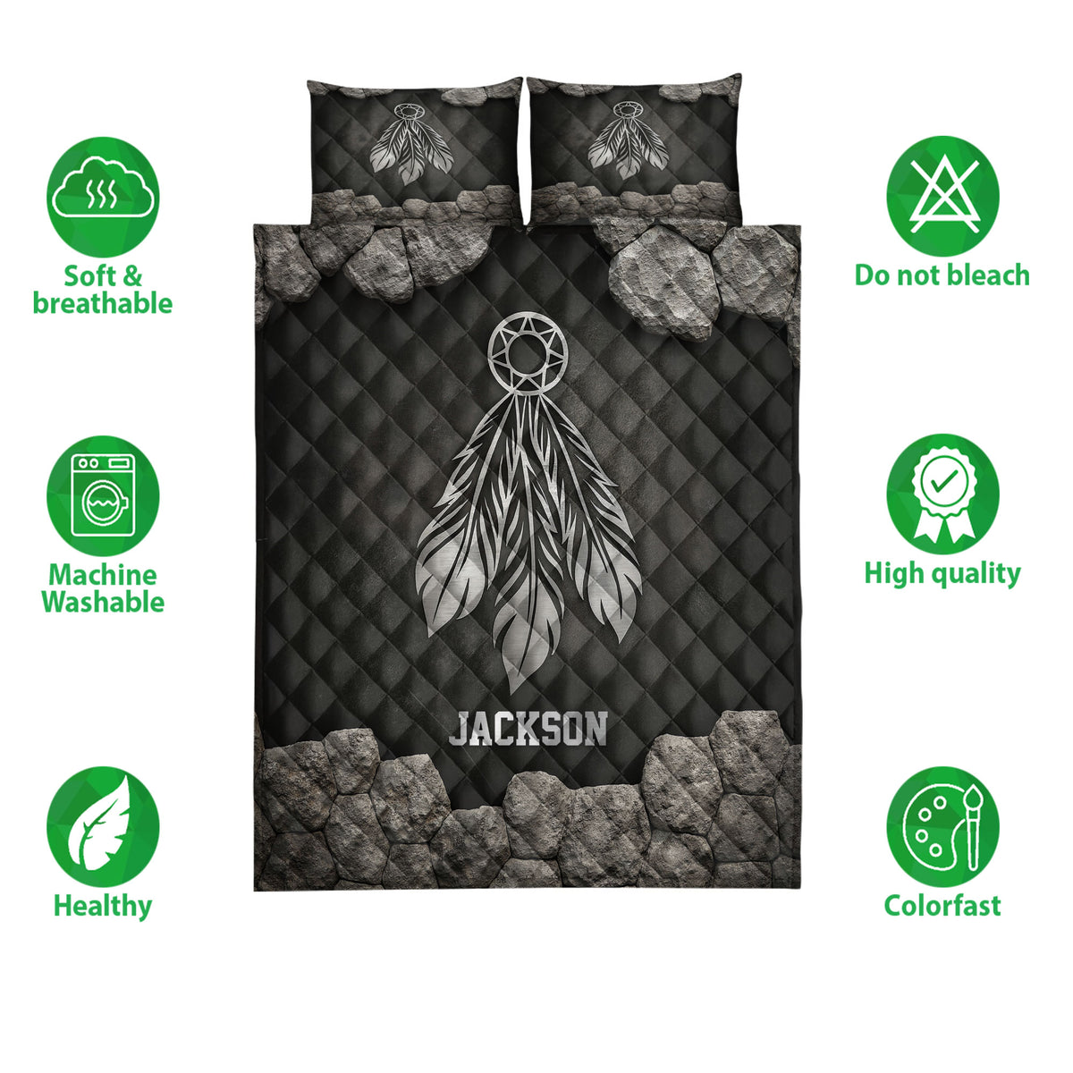 American Native dreamcatcher quilt bedding set displayed with dark stone borders and feather artwork
