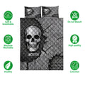 Skull quilt bedding set displayed flat with black and gray star-patterned artwork and feature icons
