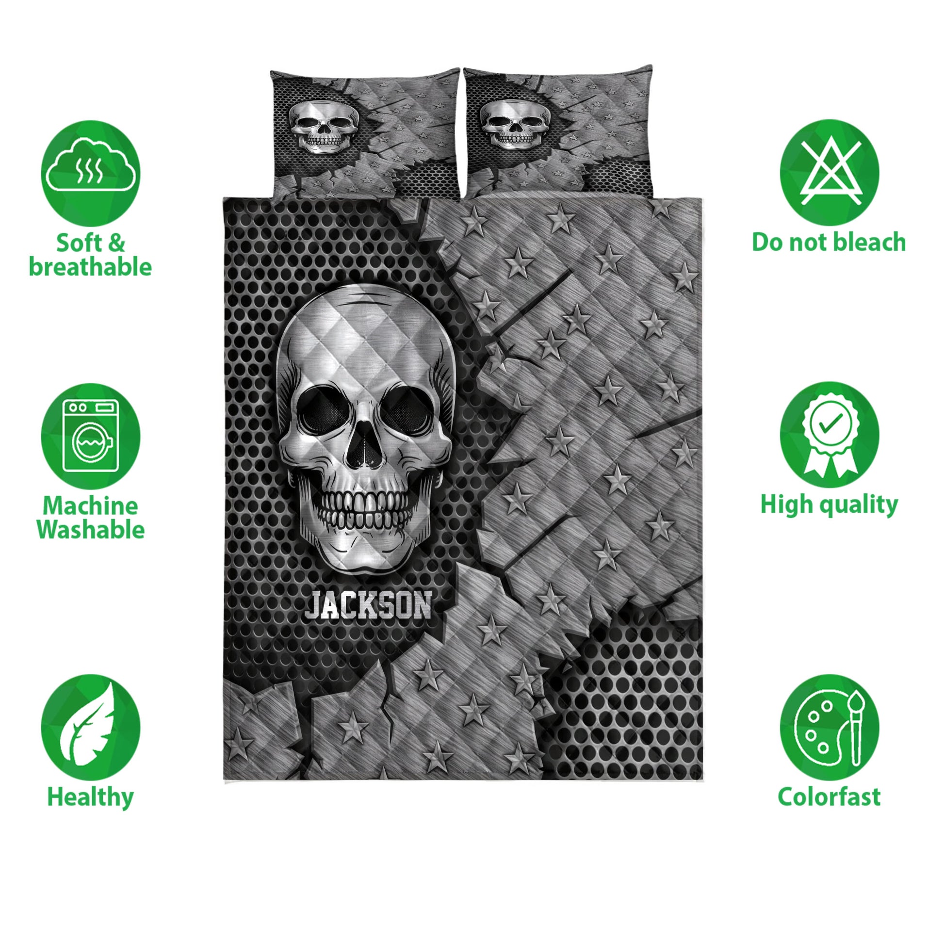 Skull quilt bedding set displayed flat with black and gray star-patterned artwork and feature icons