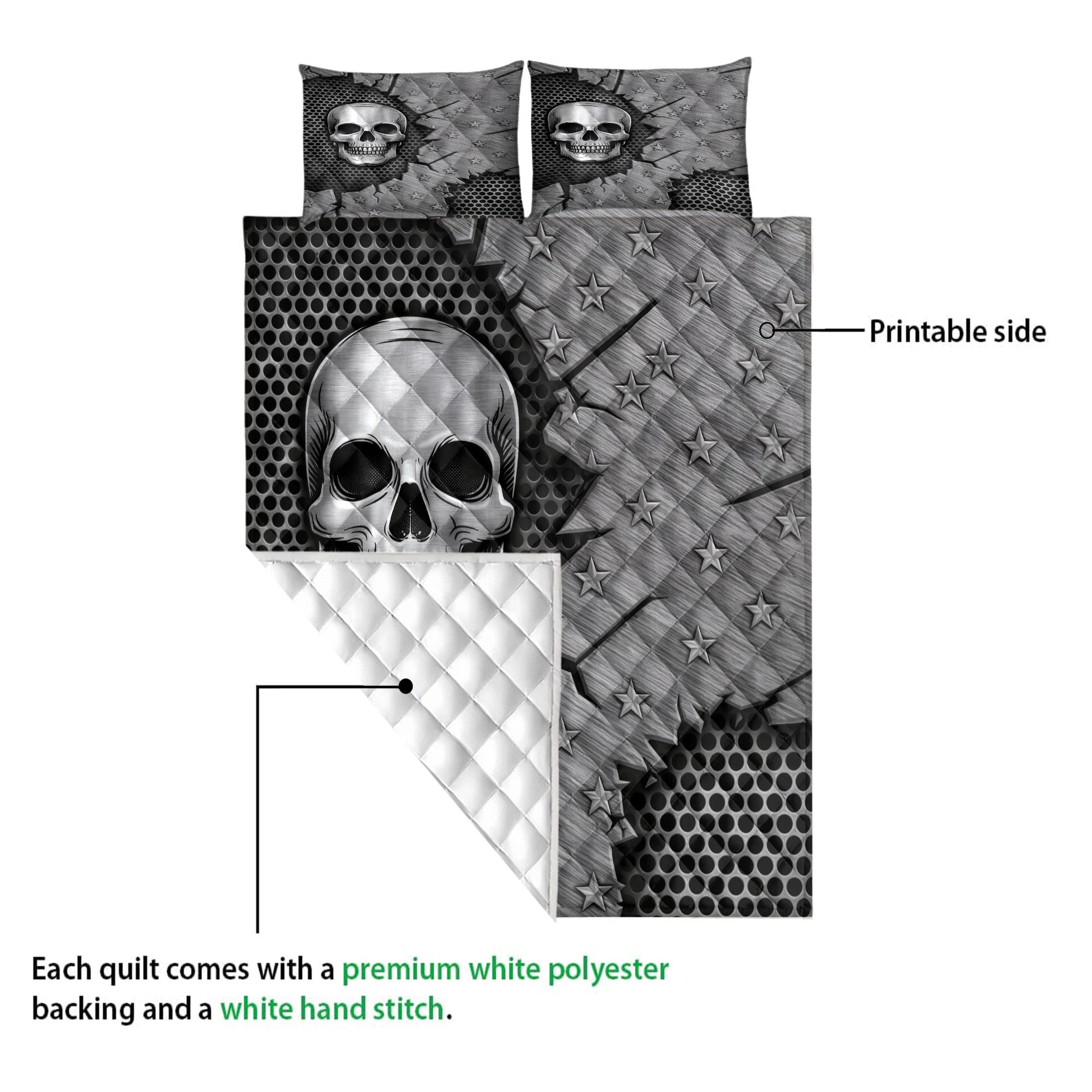 Skull quilt blanket showing the printed front and white quilted backing in a product detail view