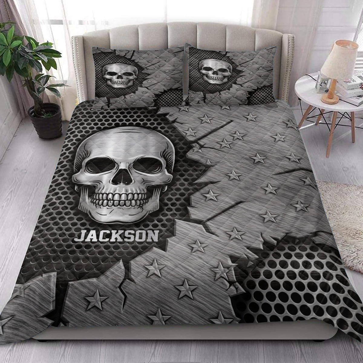 Gothic skull quilt bedding styled on a bed in a bright bedroom with matching skull pillow designs