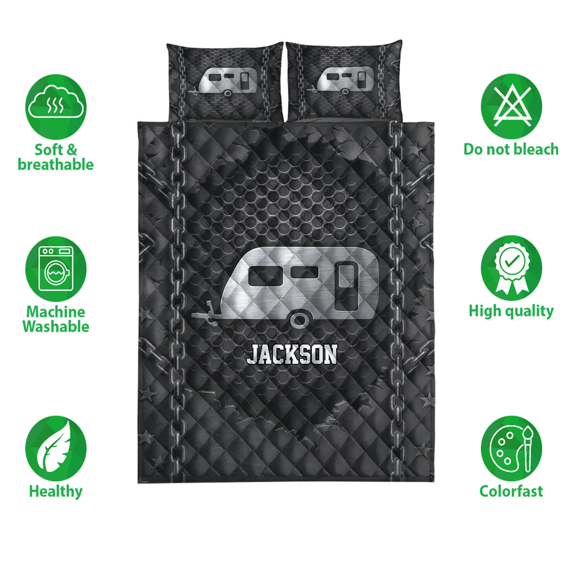 Camping quilt bedding set with dark travel trailer design shown with product feature icons