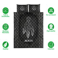 Native American dreamcatcher quilt bedding set shown with feather artwork and product feature icons