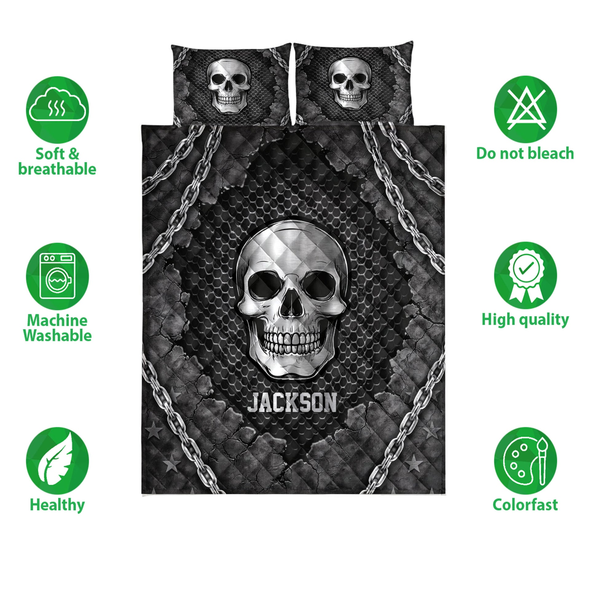 Skull quilt bedding set shown flat with chain details, dark artwork, and care feature icons