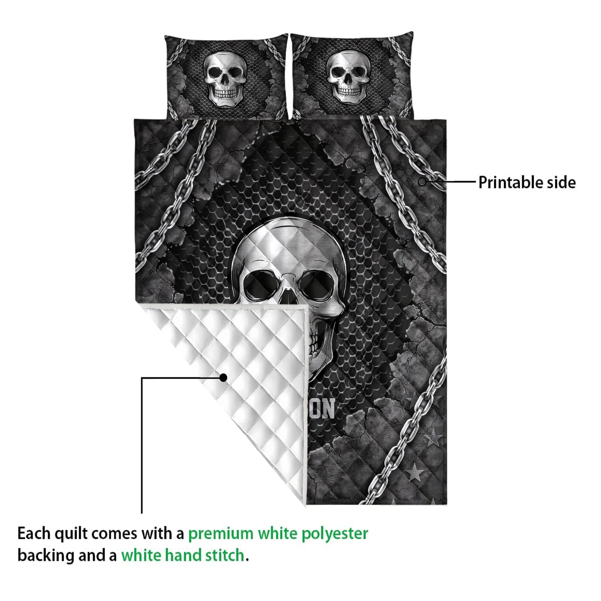 Skull quilt blanket detail showing the printed front, white quilted backing, and chain artwork