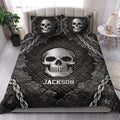 Gothic skull quilt bedding styled in a bright bedroom with matching skull pillow designs