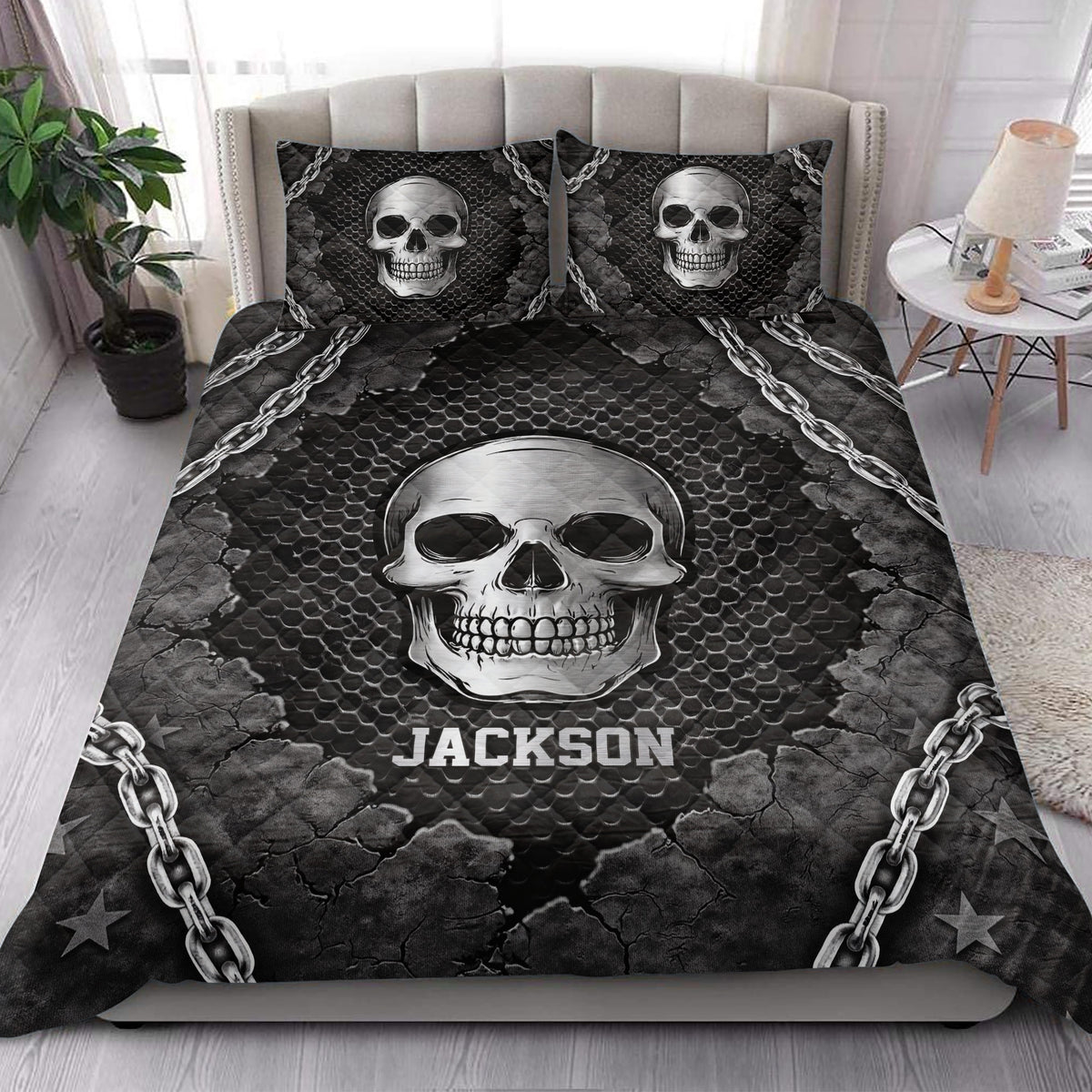 Gothic skull quilt bedding styled in a bright bedroom with matching skull pillow designs