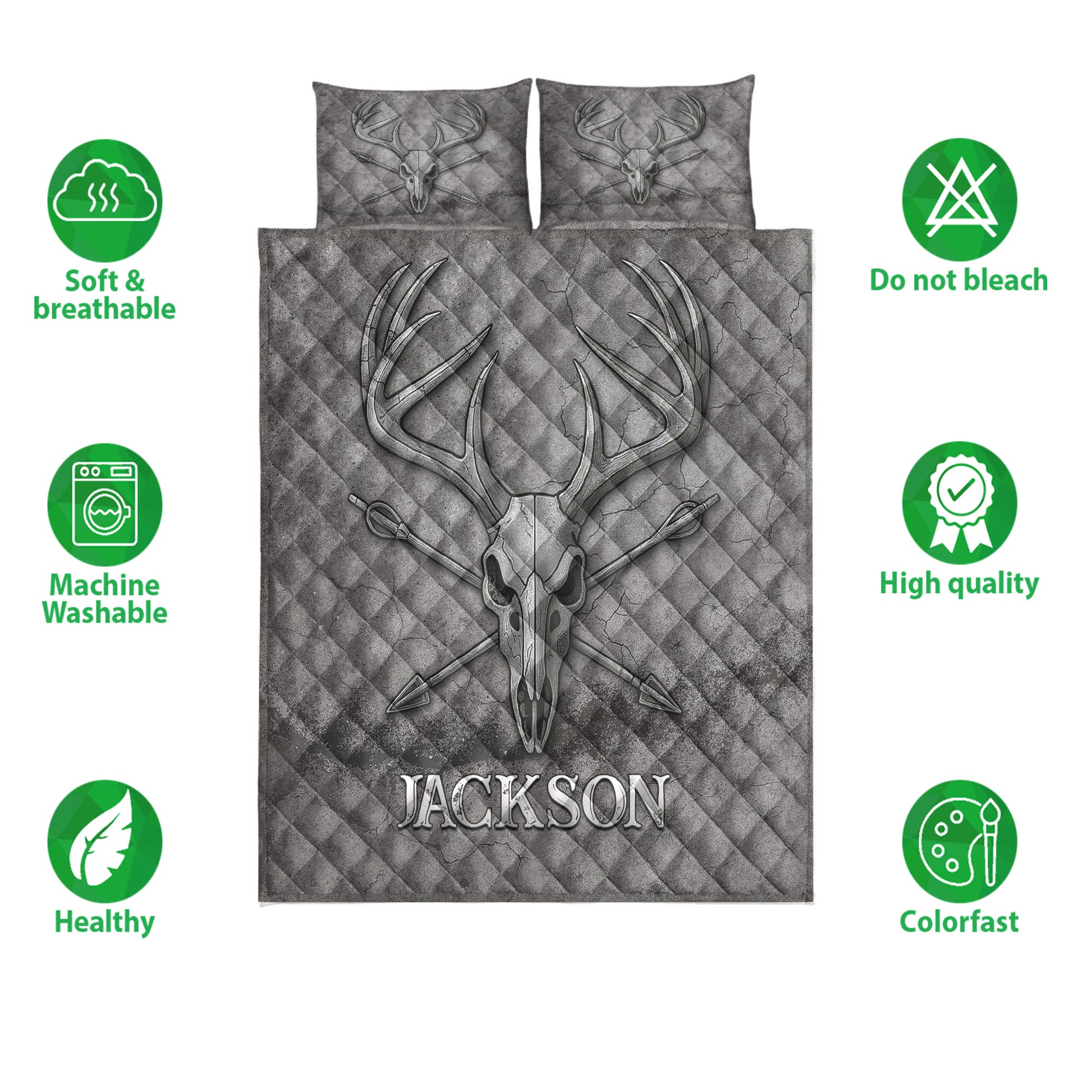 Hunting quilt bedding set flat lay featuring deer skull and antler artwork in a gray design
