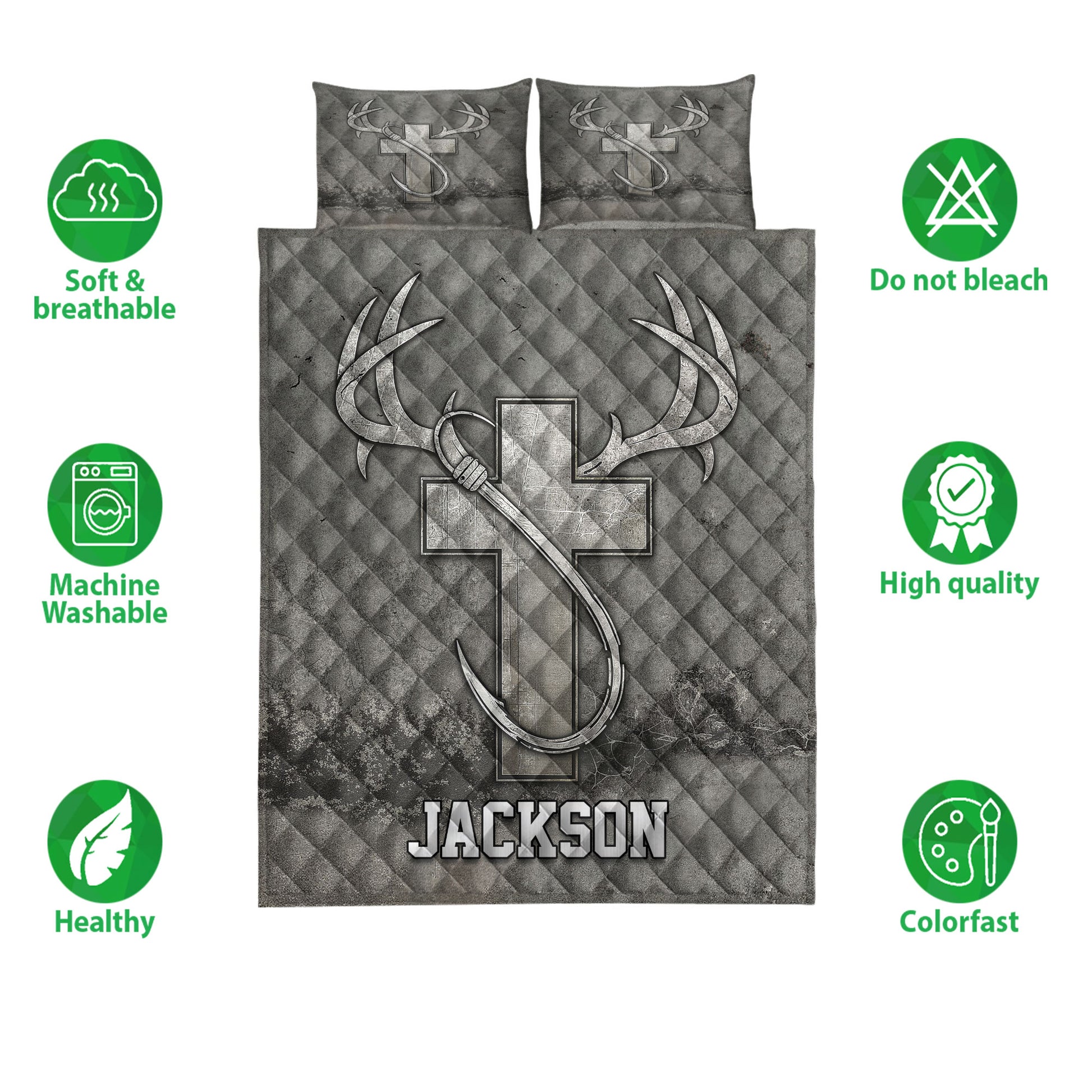 Hunting quilt bedding set shown flat with antler artwork, woodland textures, and gray diamond quilting