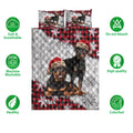 Rottweiler Christmas quilt bedding set with red plaid, snowflakes, and two matching pillow designs