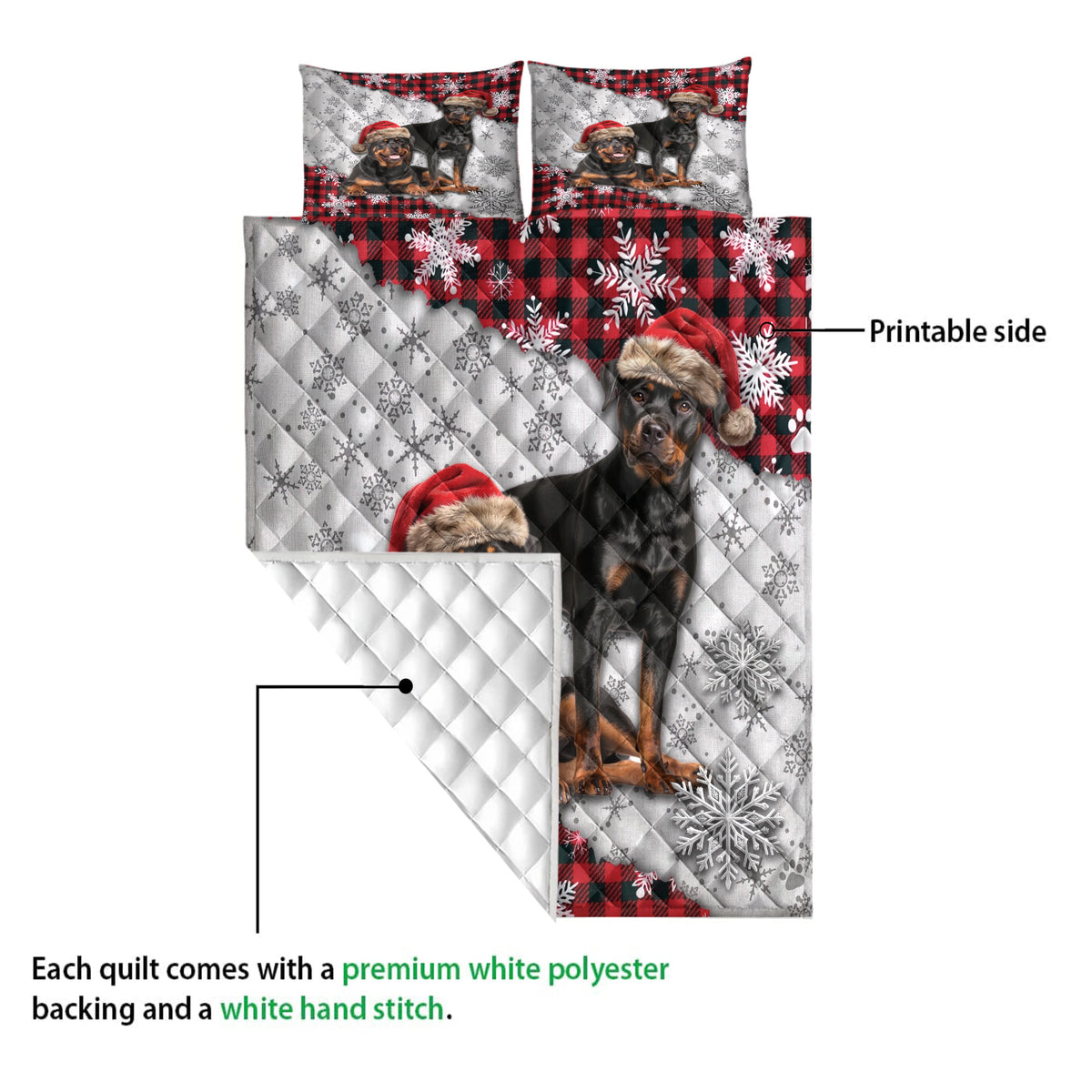 Rottweiler quilt blanket showing the printed front and white quilted backing