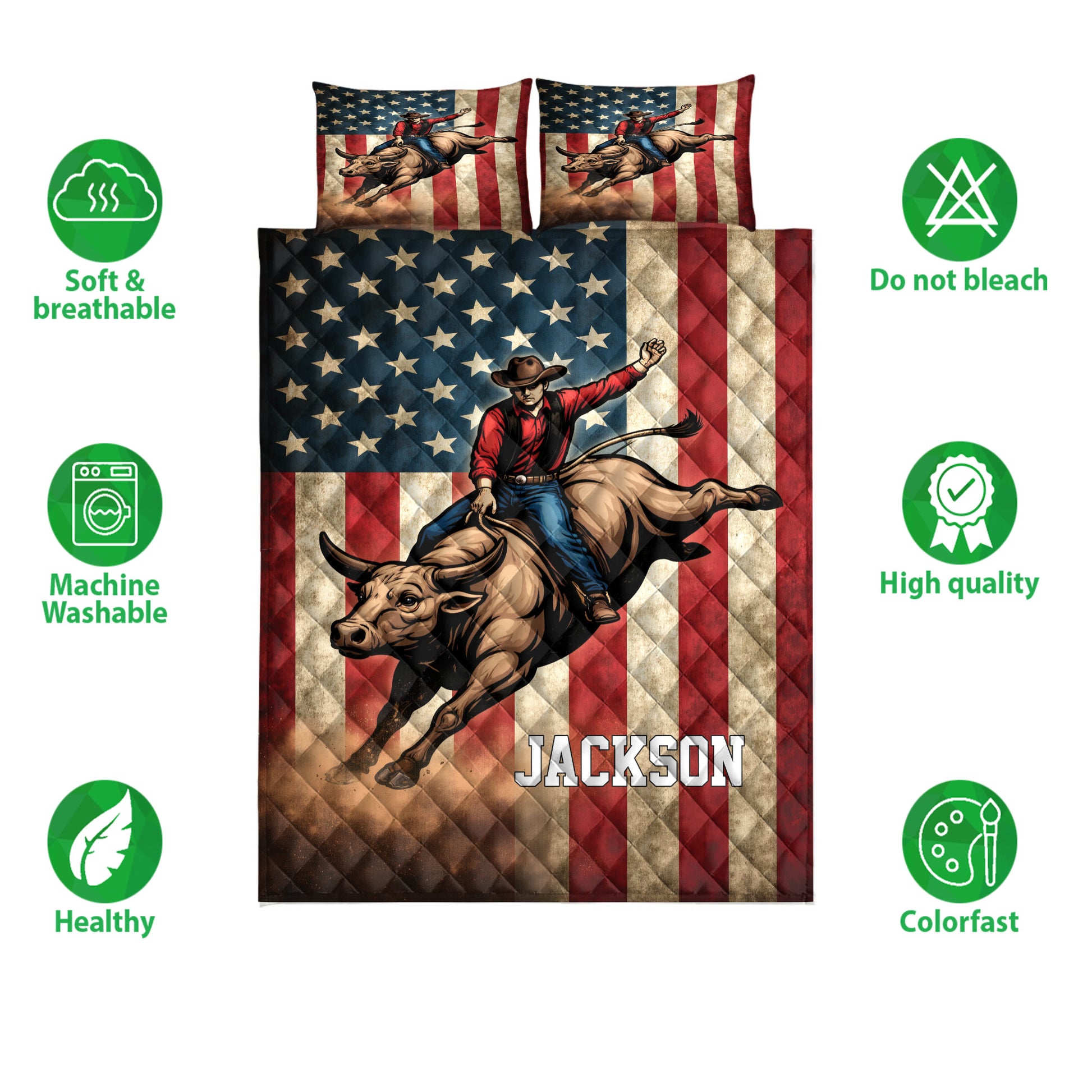 Rodeo bull rider quilt bedding set shown with patriotic artwork and product feature icons