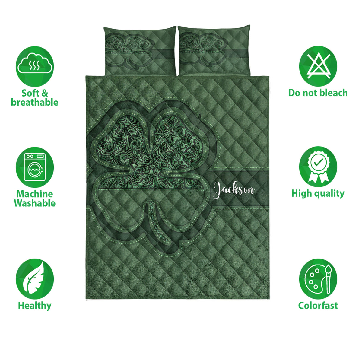 Green Irish shamrock quilt bedding set shown with soft breathable and care feature icons