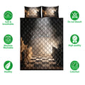 Chess quilt bedding set shown with matching chessboard artwork and product feature icons