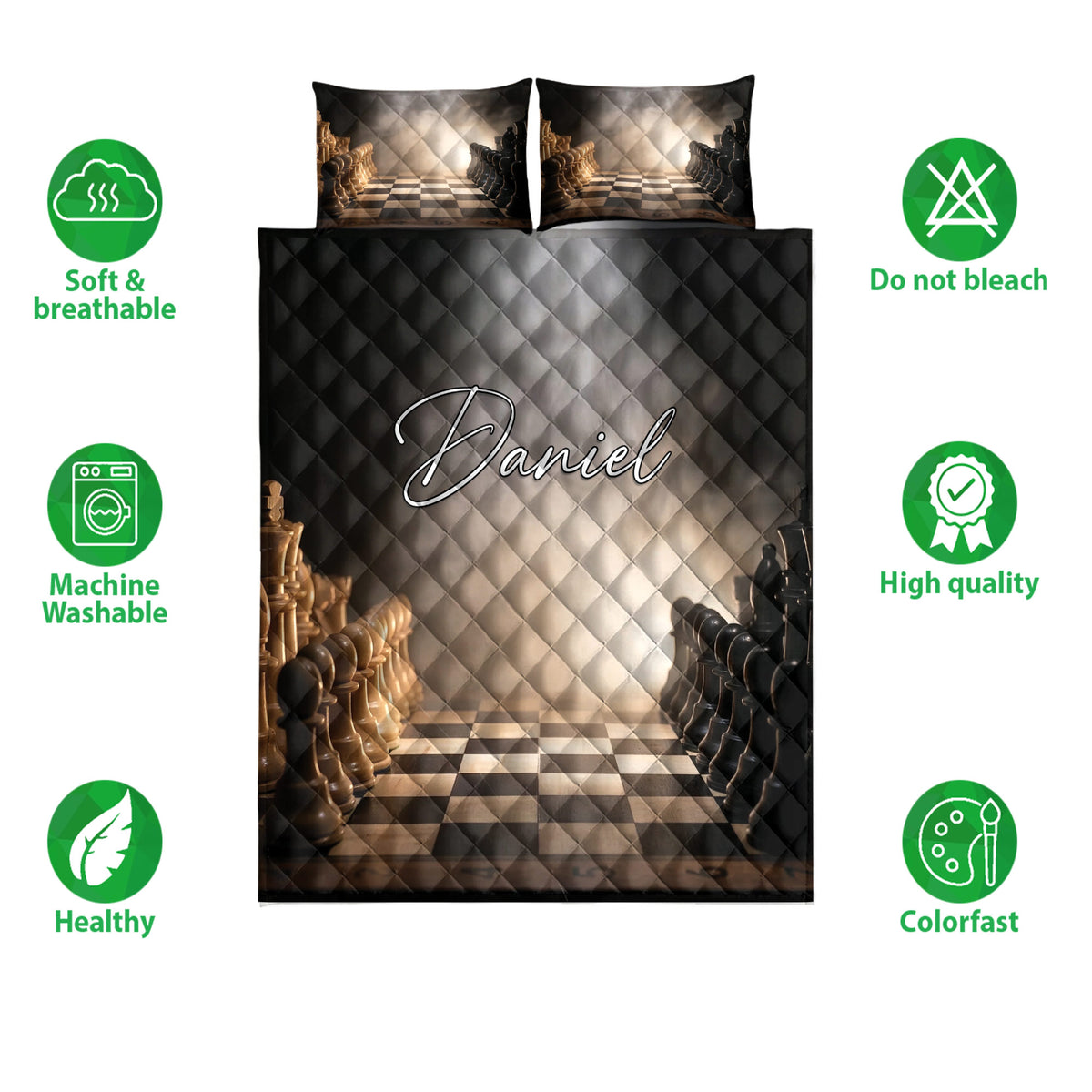Chess quilt bedding set shown with matching chessboard artwork and product feature icons