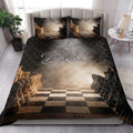 Chess quilt blanket displayed in a bright bedroom with chess pieces and checkerboard artwork