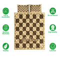 Chessboard quilt bedding set with matching pillow designs shown in a product feature layout