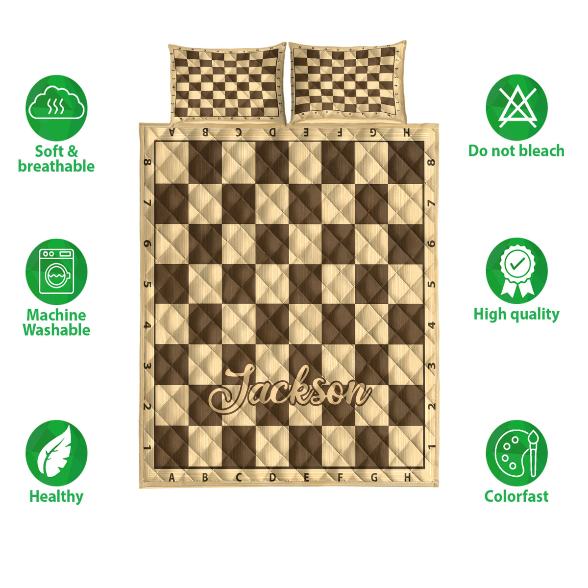 Chessboard quilt bedding set with matching pillow designs shown in a product feature layout