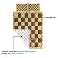 Chessboard quilt blanket detail showing the printed front, quilted construction, and white backing