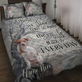 Jack Russell dog quilt blanket displayed on a bed with woodland branches, landscape artwork, and heartfelt typography