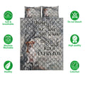 Jack Russell quilt bedding set shown with dog artwork, woodland scenery, and product care feature icons