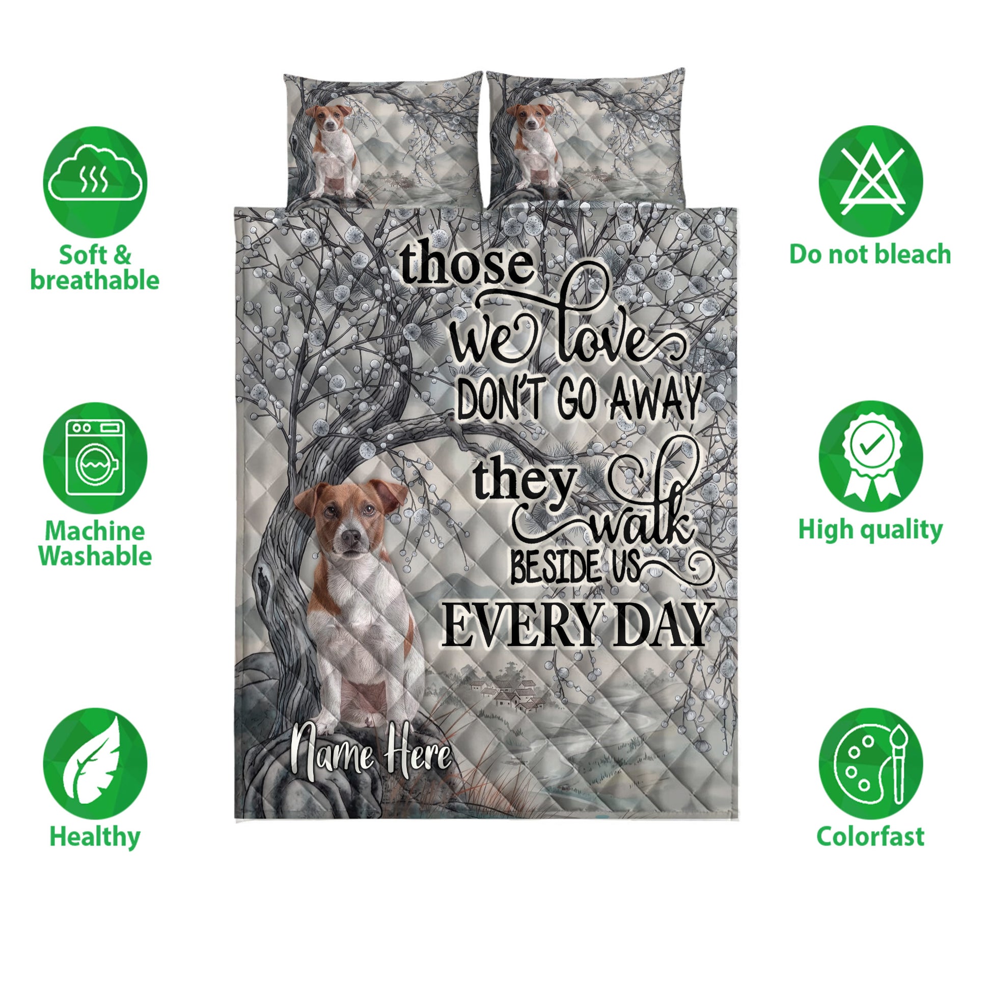 Jack Russell quilt bedding set shown with dog artwork, woodland scenery, and product care feature icons