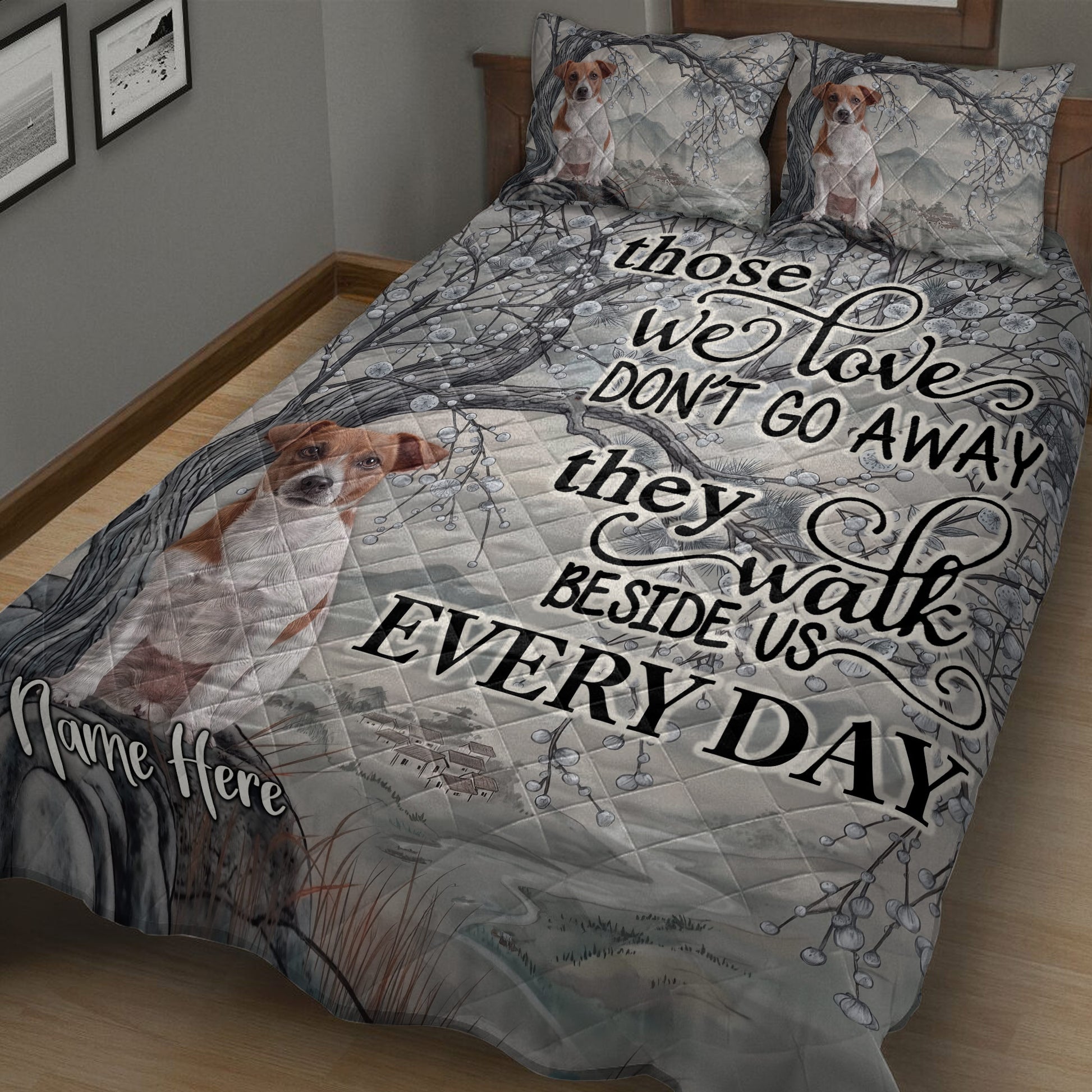Detailed Jack Russell quilt blanket with woodland scenery, multiple dog portraits, and decorative typography