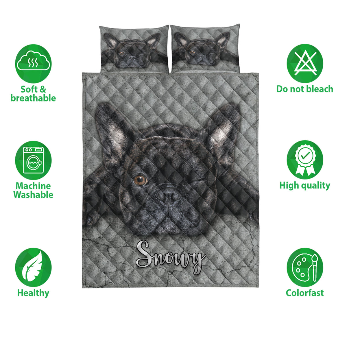 French Bulldog quilt bedding set shown with matching dog artwork, gray diamond quilting, and product feature icons