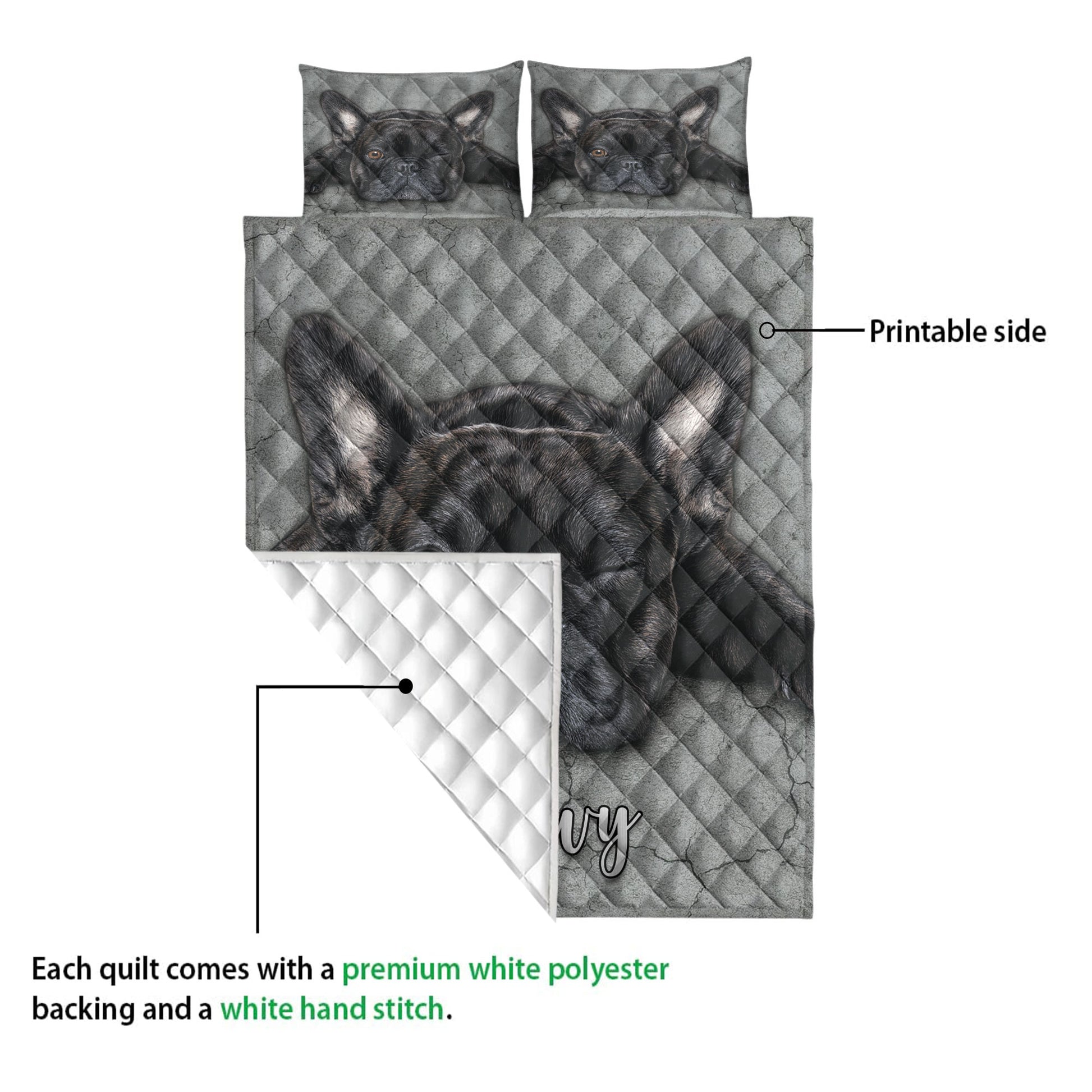 French Bulldog quilt blanket close view showing the printed front, white quilted backing, and diamond stitch pattern