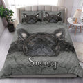 French Bulldog quilt bedding styled in a bright bedroom with a large black Frenchie portrait across the blanket