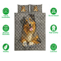 Australian Shepherd quilt bedding set shown with soft breathable and care feature icons