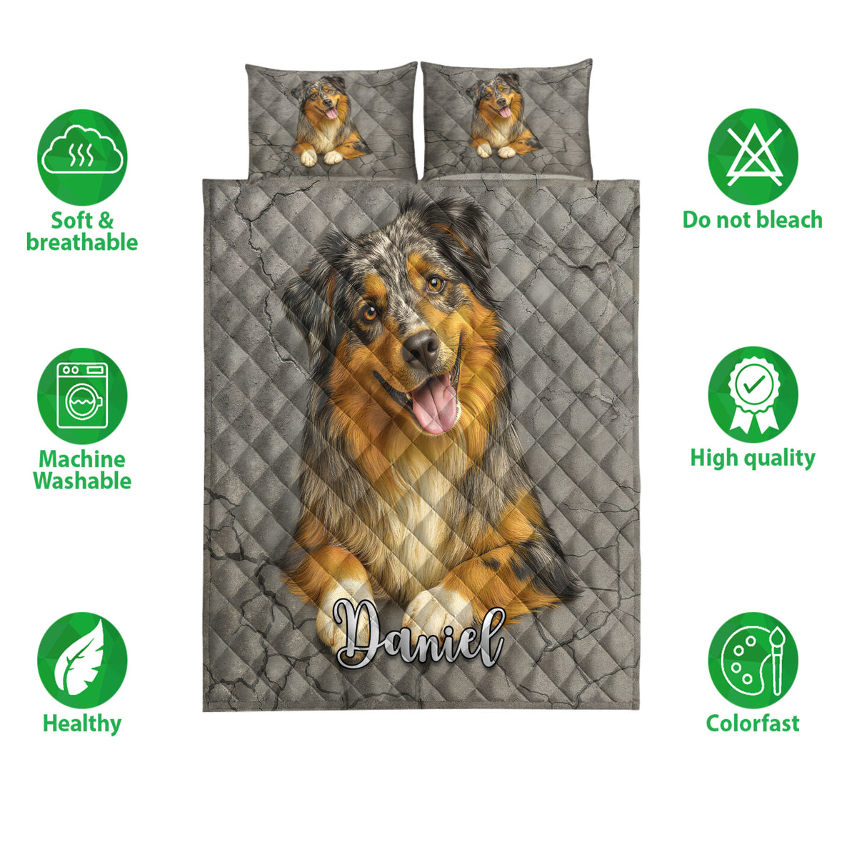 Australian Shepherd quilt bedding set shown with soft breathable and care feature icons