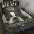 Boston Terrier quilt blanket displayed on a bed with matching dog artwork on the pillows