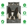 Boston Terrier quilt bedding set shown with feature icons and a large black and white dog design