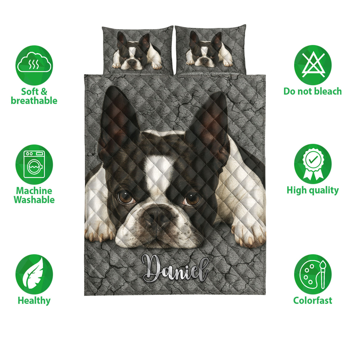 Boston Terrier quilt bedding set shown with feature icons and a large black and white dog design
