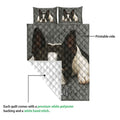 Boston Terrier quilt blanket close-up showing the printed front and white quilted backing