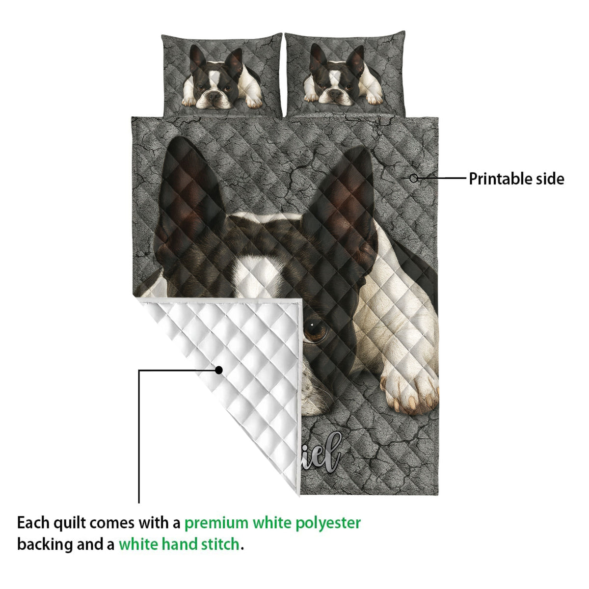 Boston Terrier quilt blanket close-up showing the printed front and white quilted backing